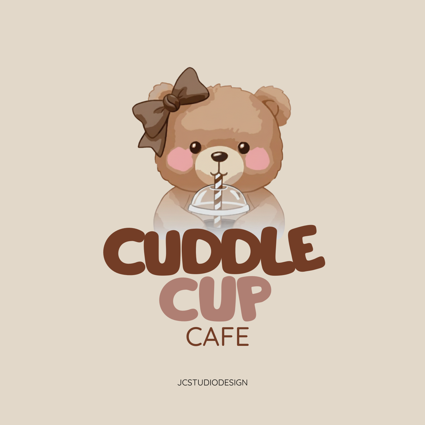 Cute cartoon bear with a bow drinking from a cup with a straw, and text 'Cuddle Cup Cafe' underneath.