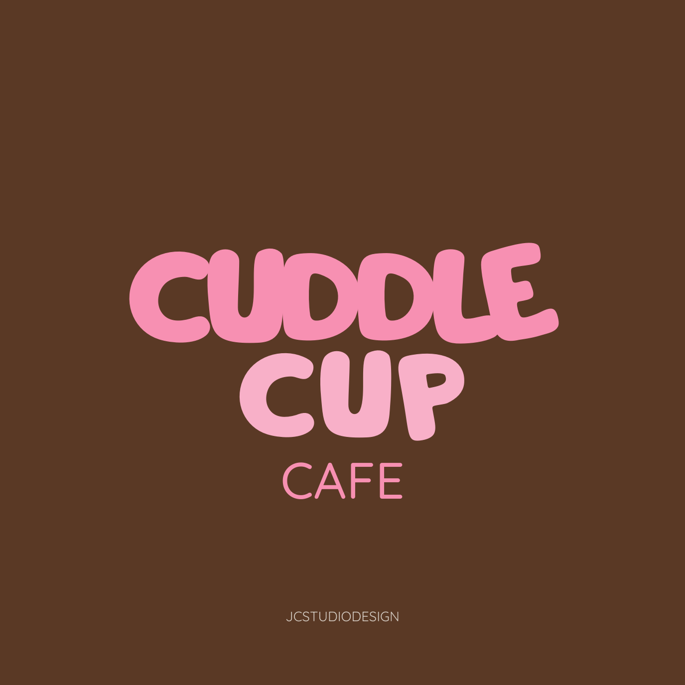 Logo for Cuddle Cup Cafe with pink text on a brown background and small white "JCSTUDIODESIGN" at the bottom.