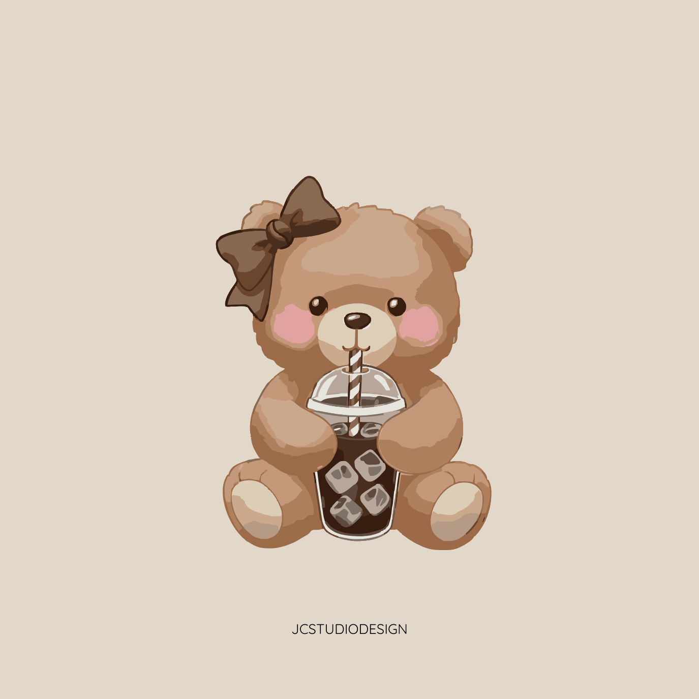 Cute teddy bear with pink cheeks and a brown bow on its head, holding a cup of iced coffee with a straw, sitting on a beige background.