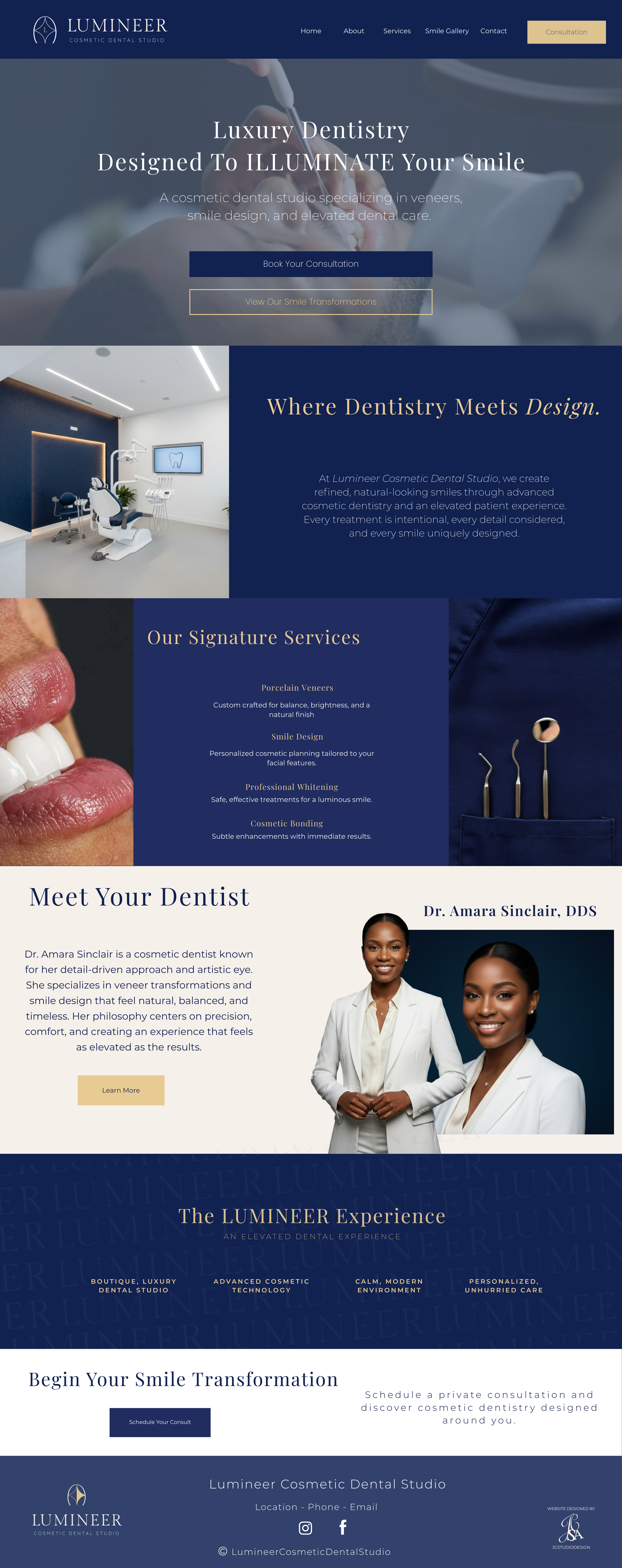 A webpage for Lumineer Cosmetic Dental Studio highlighting luxury dentistry services, featuring images of a modern dental office and smiling dentist, with sections about services, the dentist, and patient consultations.