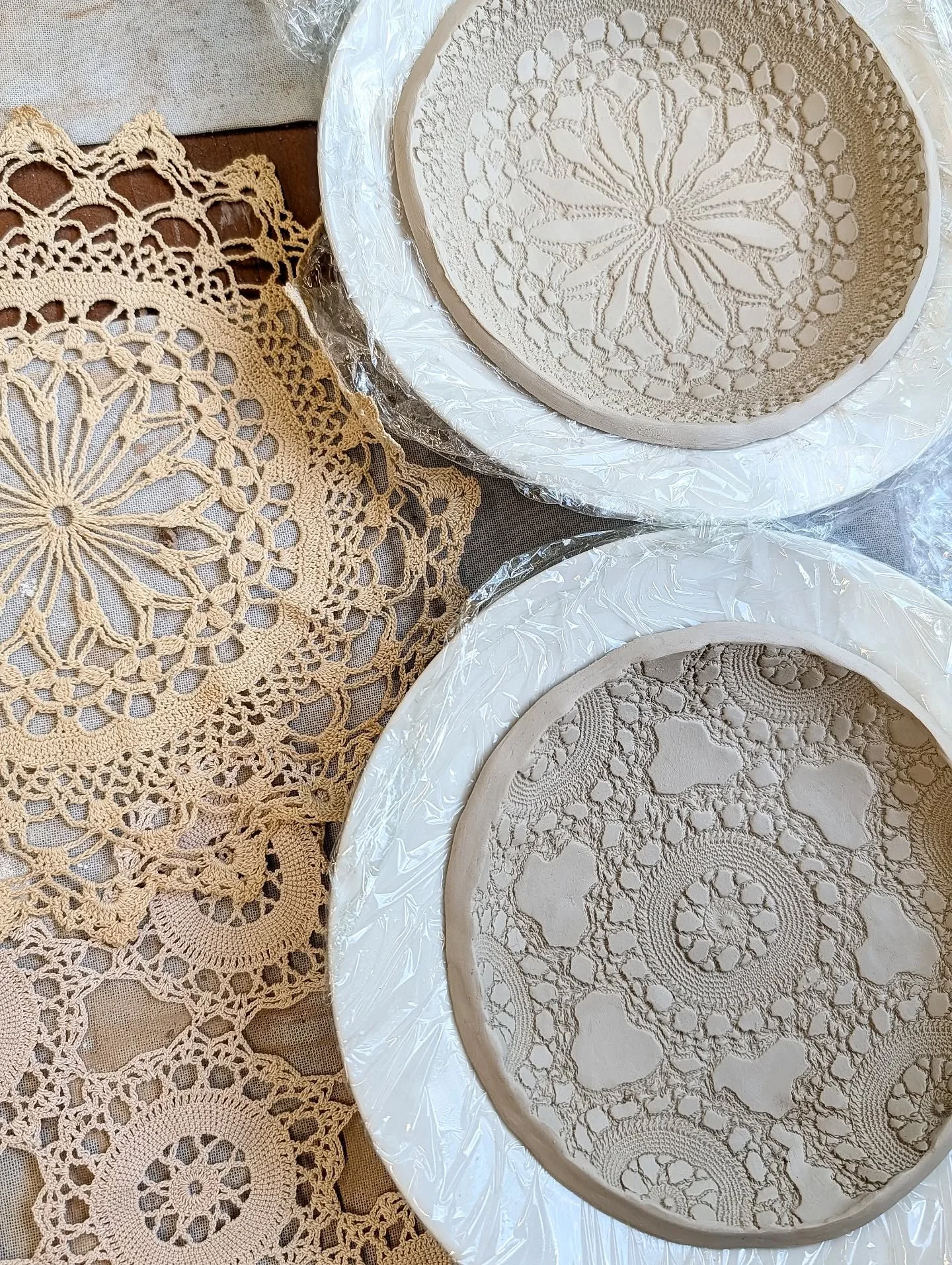 LACE TEXTURED ceramic candle plates. I have some beautiful dinner candles and sphere candles arriving next week so I have started to make these candle plates for them. Candle stick holders will be made during the coming week!