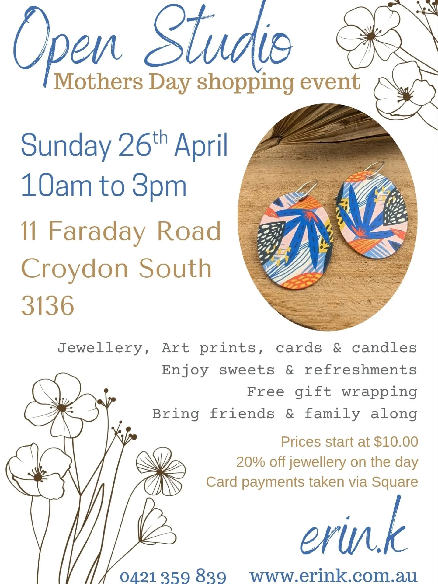 SAVE THE DATE - after the success of my first open studio day last year, I am throwing the doors open again and welcoming everyone to a pre Mothers Day shopping event.

20% off all jewellery
4 candle scents available 
Greeting cards and cyanotype pri
