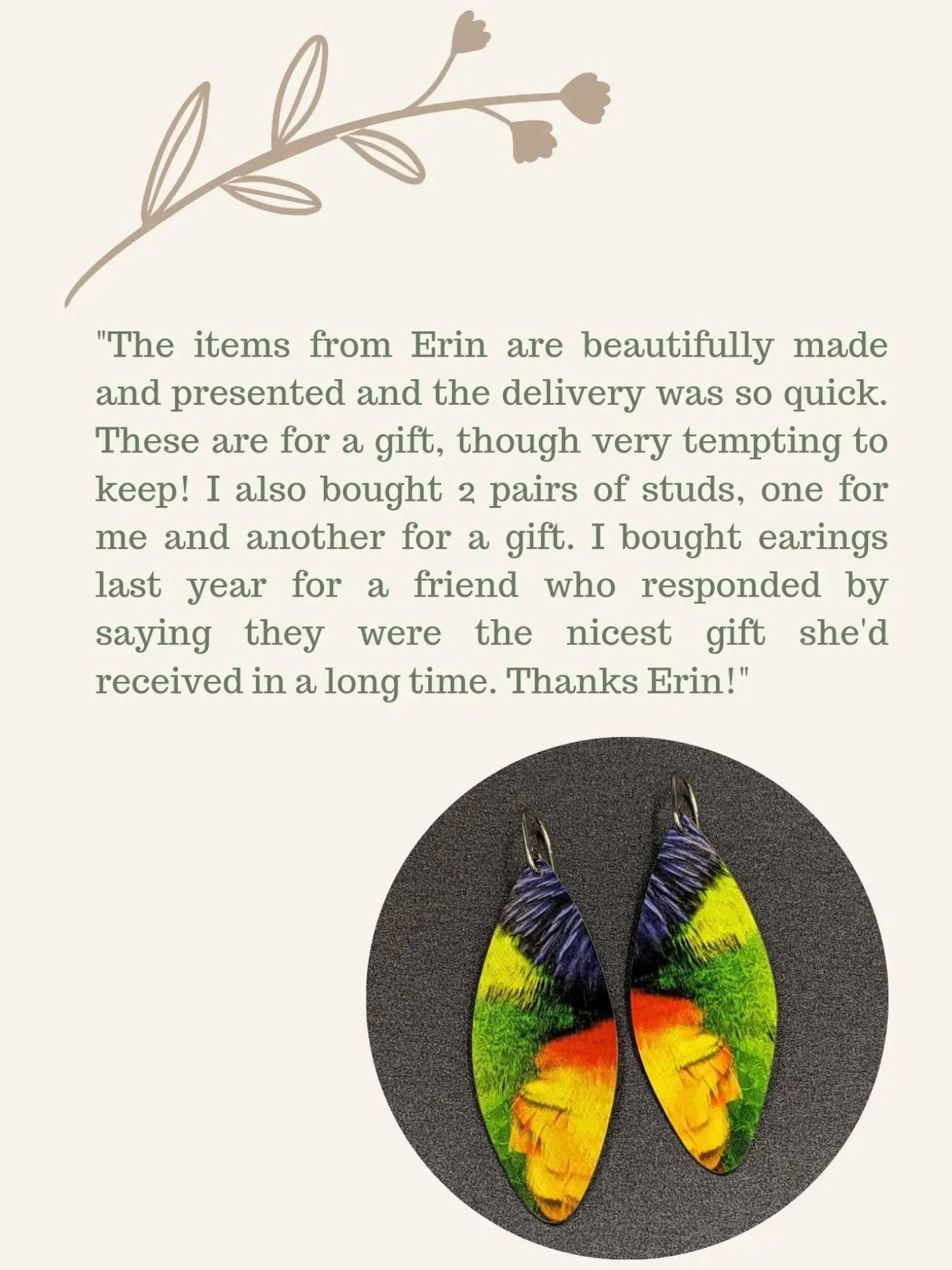 HAPPY CUSTOMER ⭐⭐⭐⭐⭐ 

Wear your vibrant personality on your ears with these bold Rainbow Lorikeet feather earrings - photograph printed onto Aluminium.

Make a statement whilst being kind to your earlobes with lightweight Aluminium.