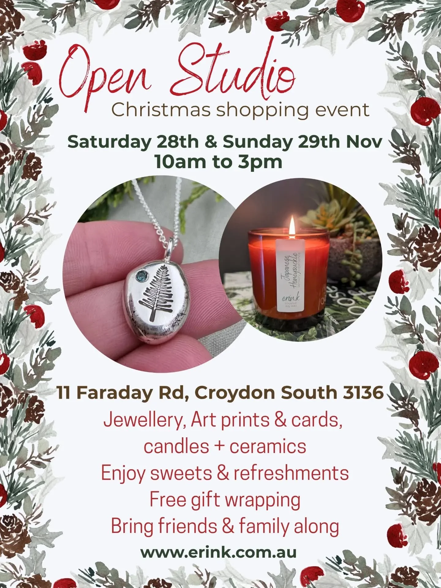 OPEN STUDIO - it's happening again and this time for a whole weekend!!!

There will be new jewellery designs, more candle scents, ceramics, cards, cyanotype prints, and Christmas gingerbread cookies!

Please share this with anyone who you think would