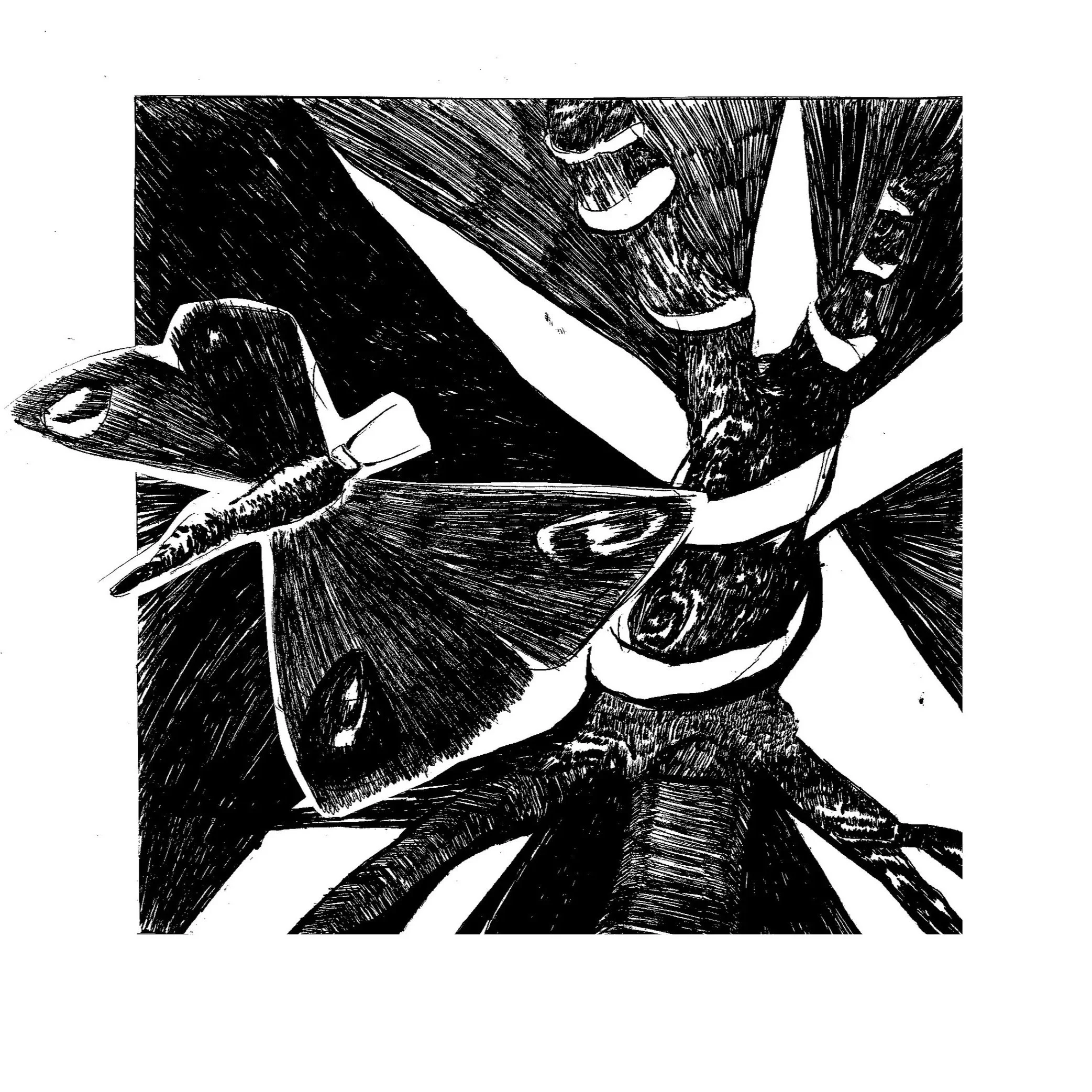 Black and white illustration of a butterfly and a moth on a flower with detailed shading and line work.