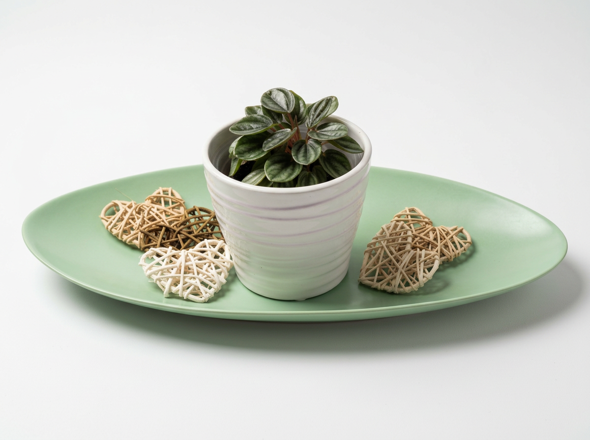 Green ceramic tray styled with plant and woven heart decor.