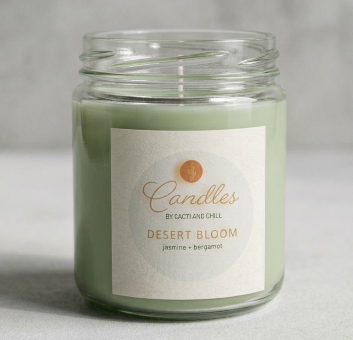 Hand poured Jasmine and Bergamot pale green candle eco friendly glass jar