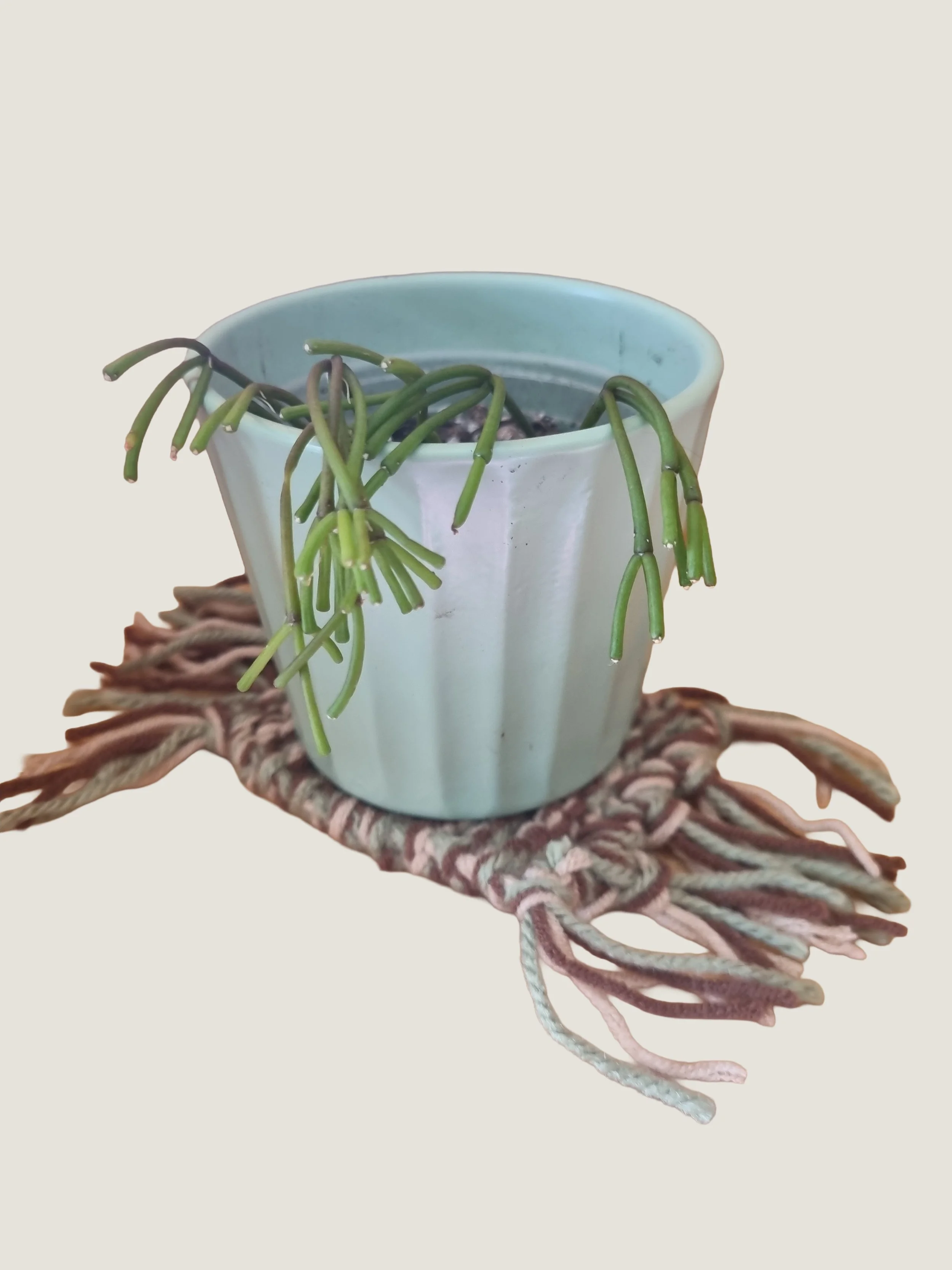 Hand-knitted mug rug, perfect for your coffee mug or plant shelf.