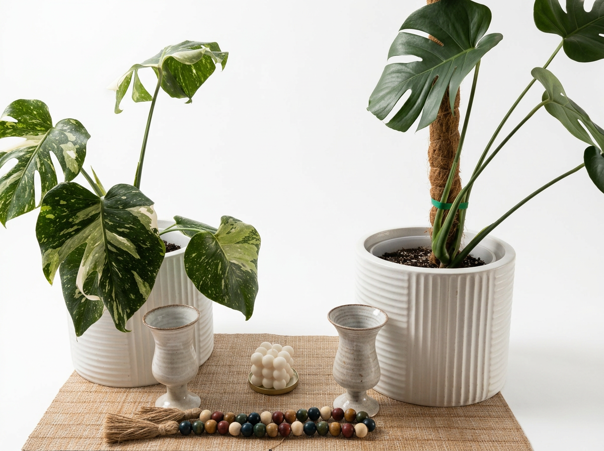 Speckled Ceramic Decor, boho styled with Monstera plants