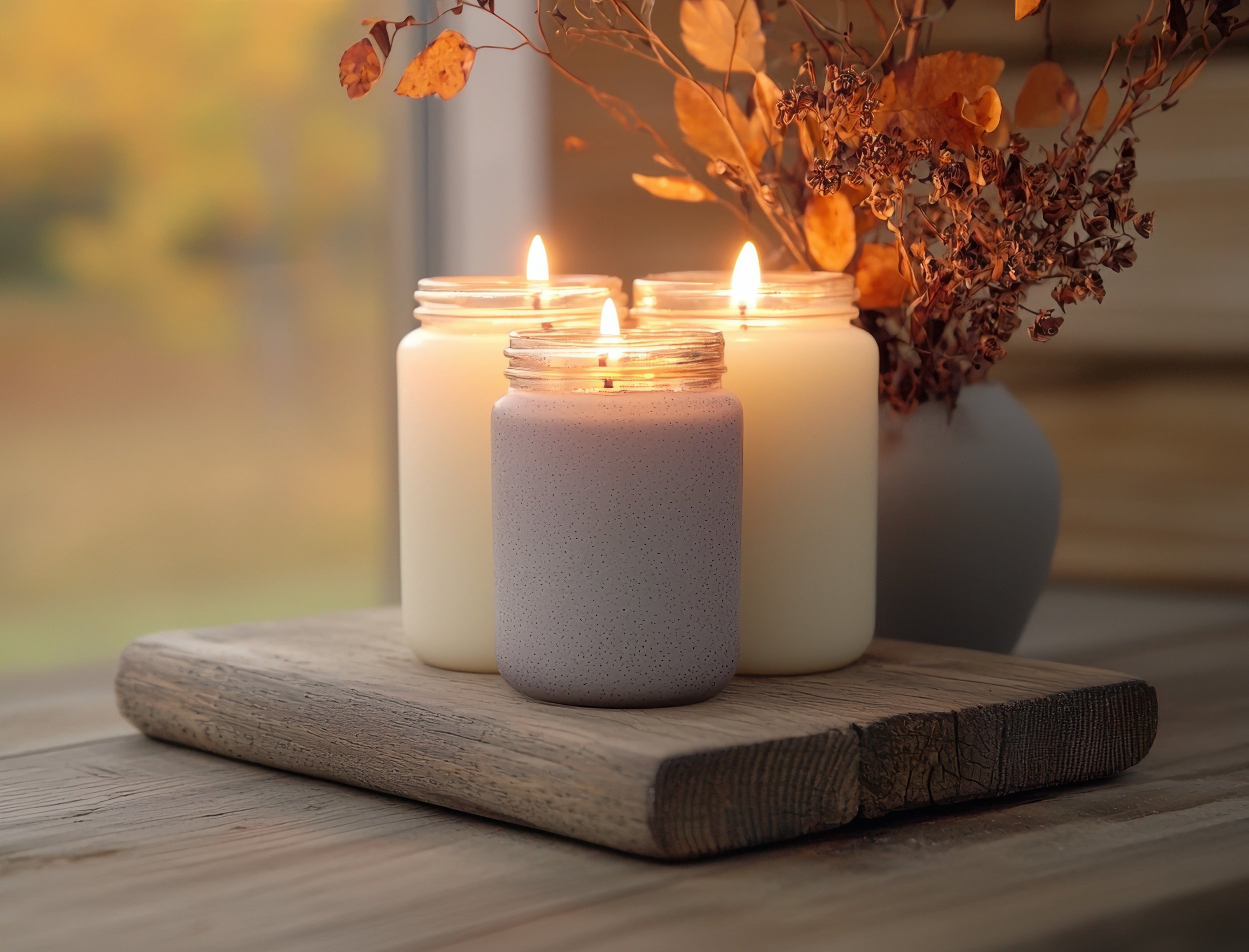 Hand-poured candles in eco-friendly glass jars.