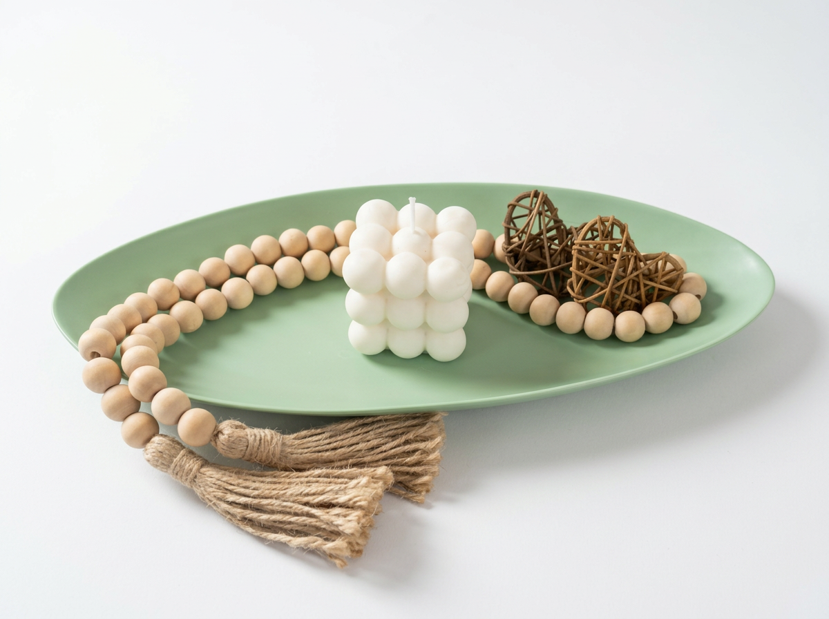 Green ceramic tray styled with wooden beads, bubble candle, and rattan decor.