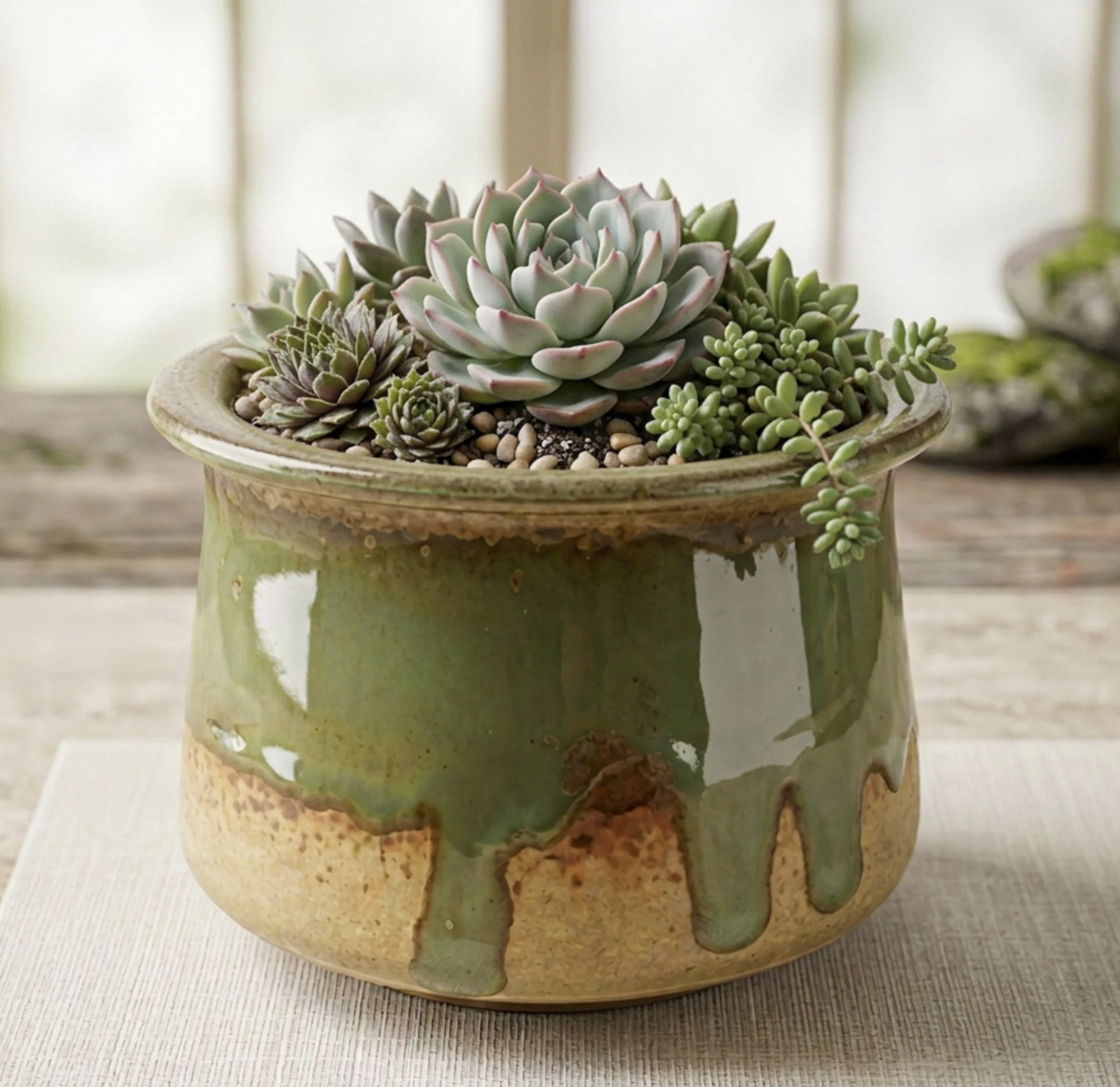 Ceramic green planter with succulents