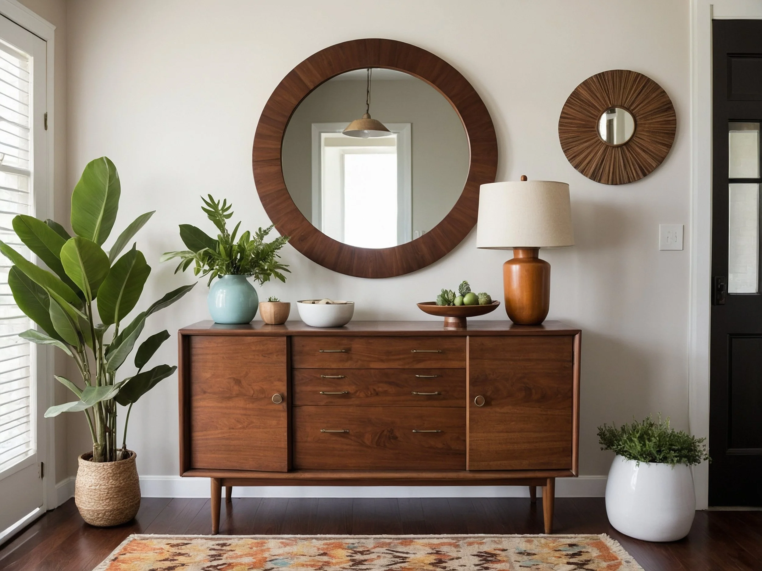 Interior of a home entryway with a mid-century modern wooden sideboard, large leafy plant in a woven basket, smaller potted plant on the floor, decorative bowls, and a table lamp with a beige shade. Two round mirrors with wooden frames hang on the white wall above the sideboard. There is a window with blinds and a black door to the right.
