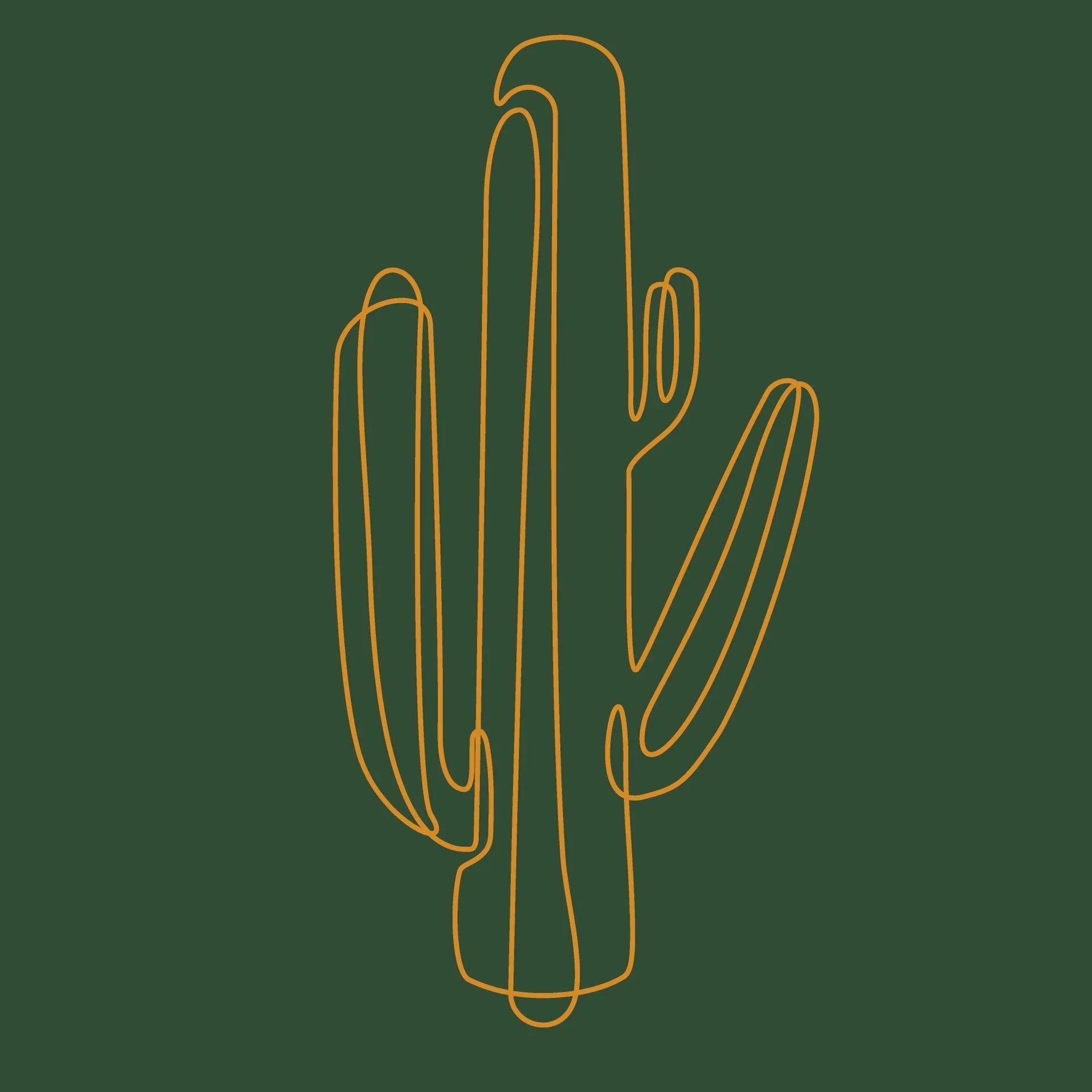 An illustration of a cactus outlined with simple orange lines on a dark green background.