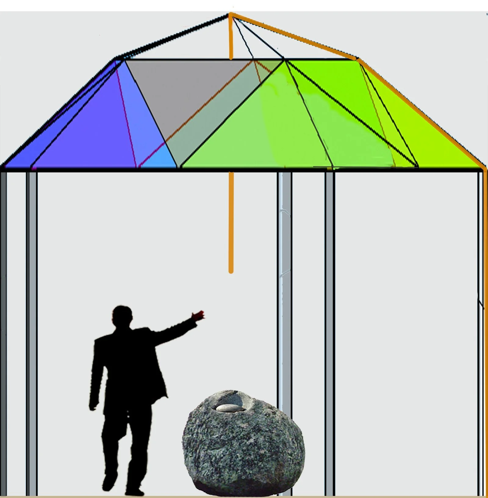Silhouette of a man in a suit walking under a colorful geometric canopy and pointing or reaching towards something. There is a large textured rock with a smooth stone on top in the foreground.