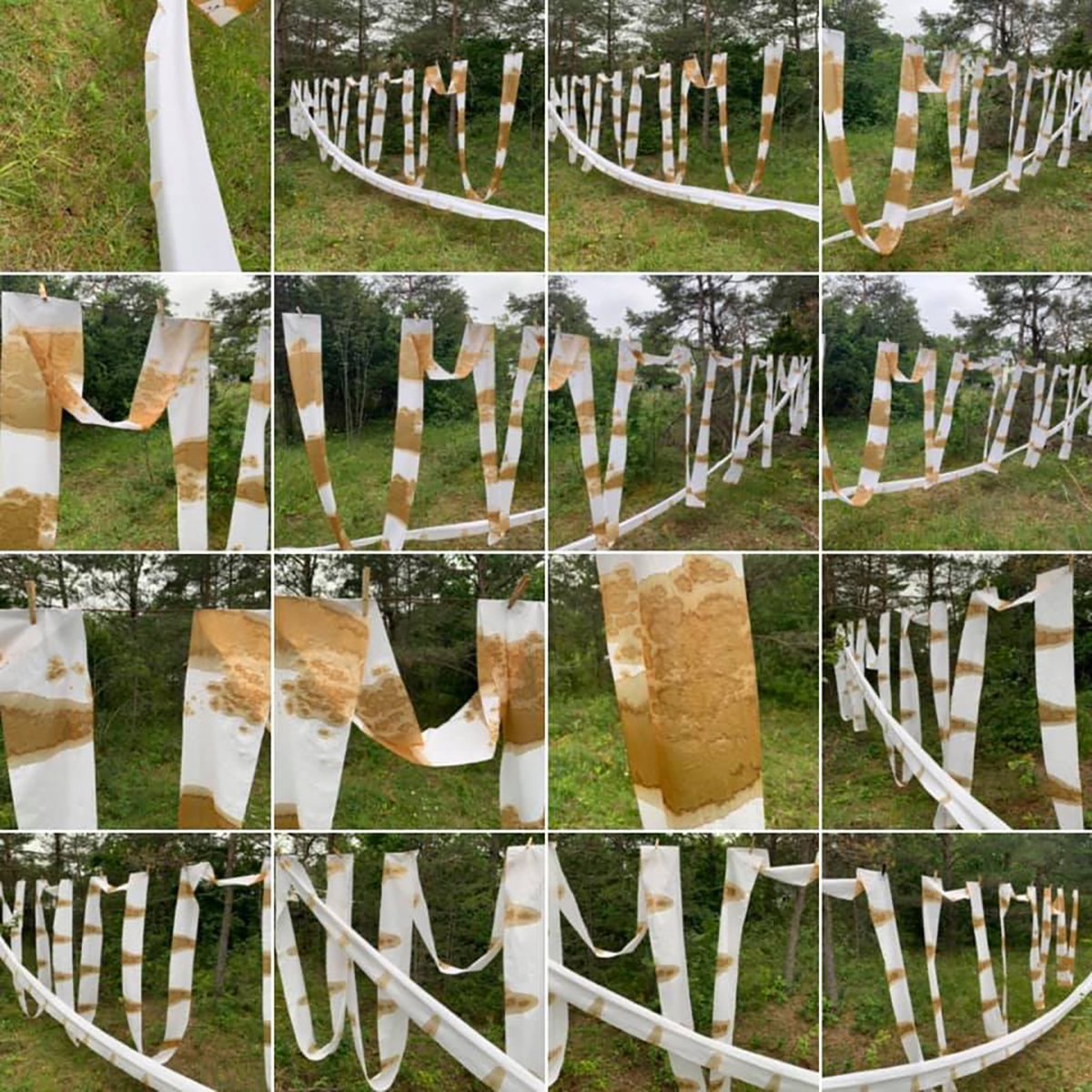 paper hanging outside on a clothesline with brown and white striped paper towels and white fabric, set against a background of green grass and trees.