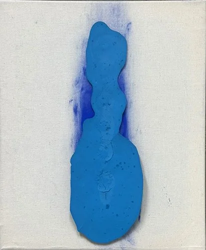 Abstract artwork featuring a vertical blue shape on a white background.