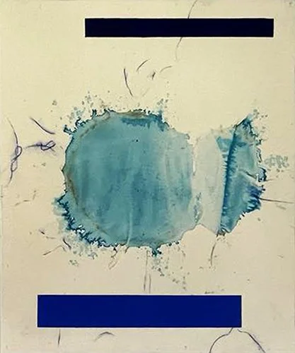Abstract watercolor painting with a large blue-green splash and splatters on white background, bordered by black and blue rectangular bars.