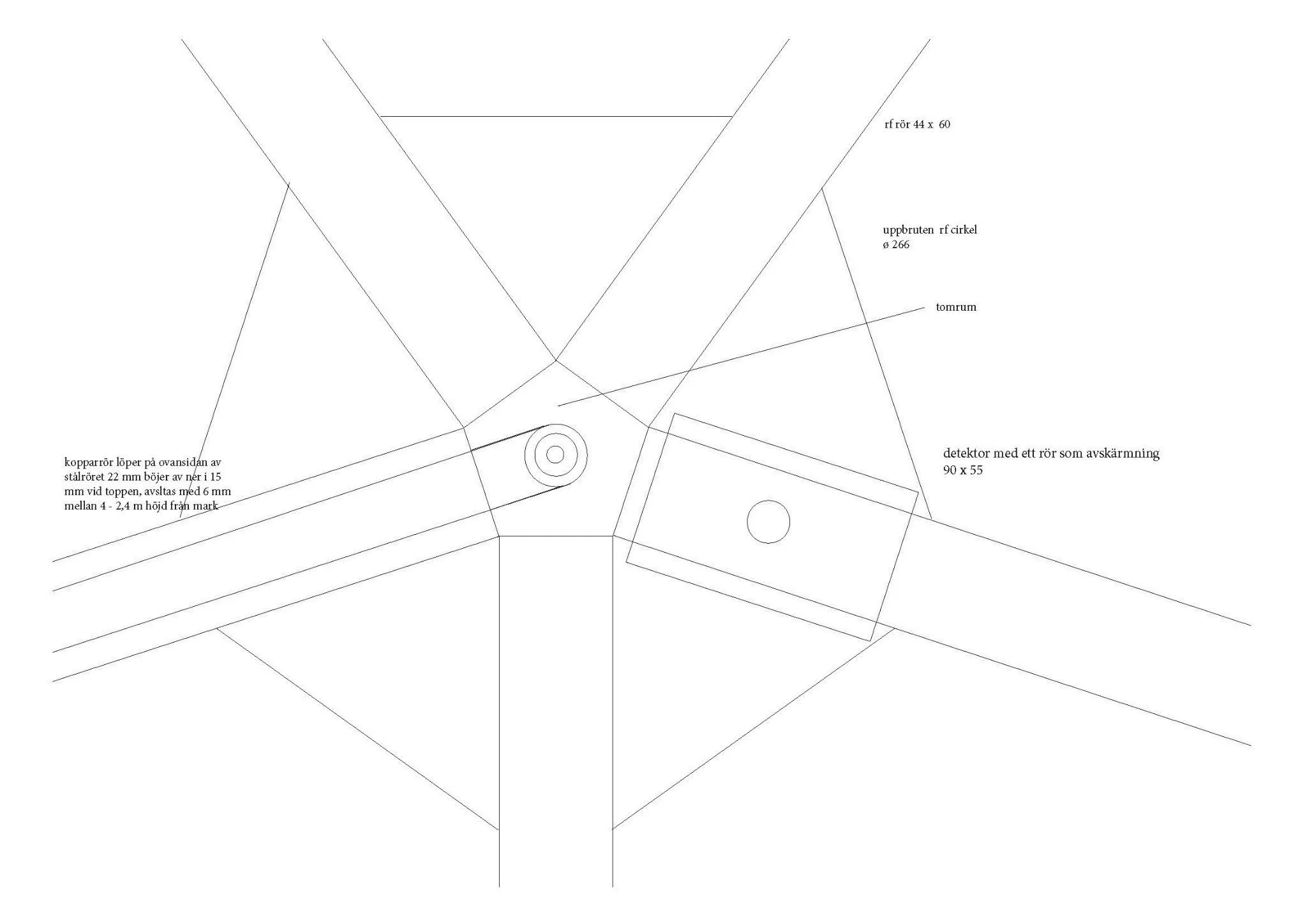 Technical diagram of a mechanical setup with labeled parts in Swedish, including pipes, a detector box, and construction details.