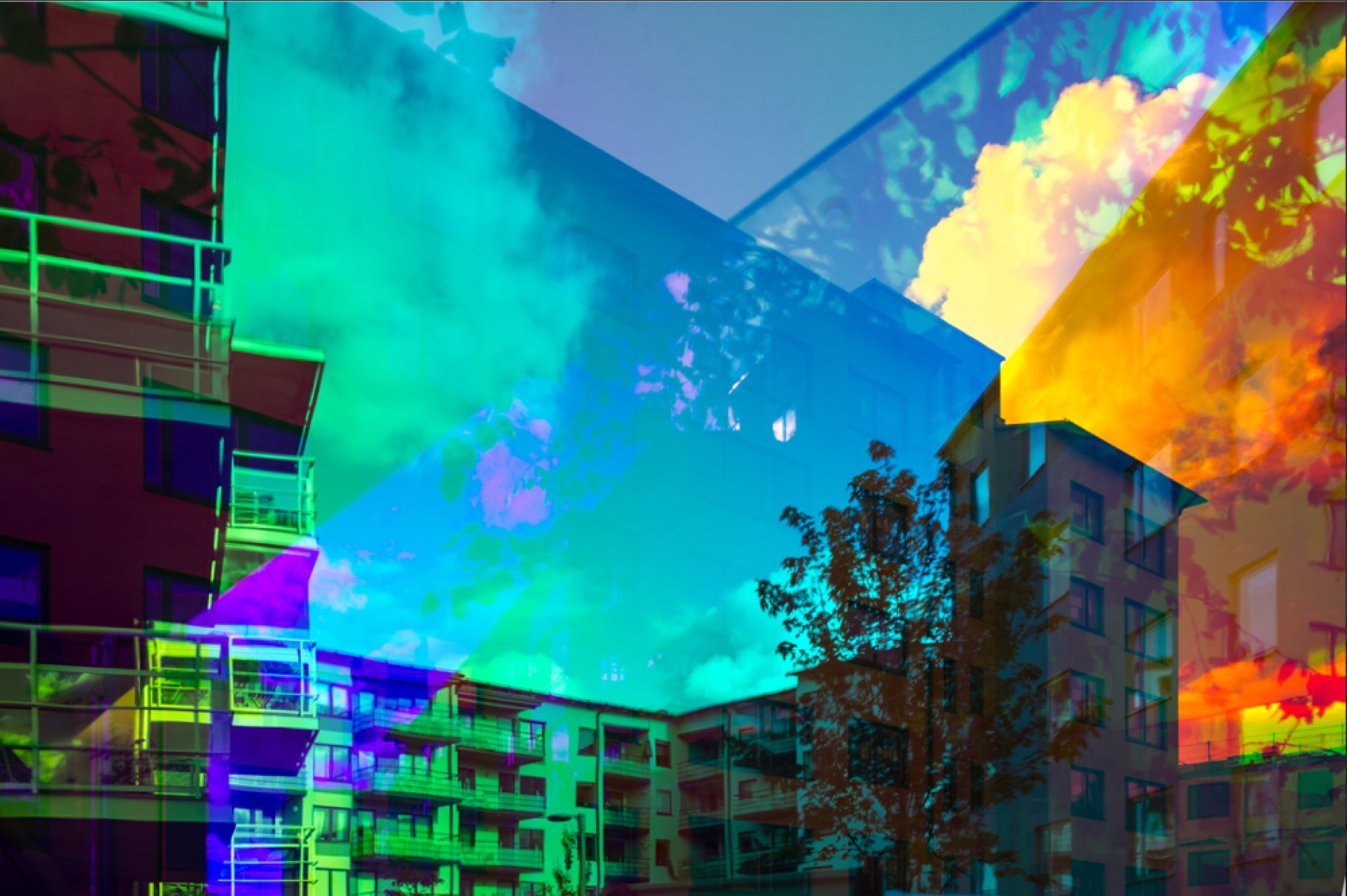 Colorful digital overlay of apartment buildings and trees under a sky with clouds.