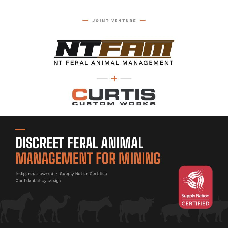 NTFAM-CCW Joint Venture logo lockup - discreet feral animal management for mining, Indigenous-owned, Supply Nation Certified