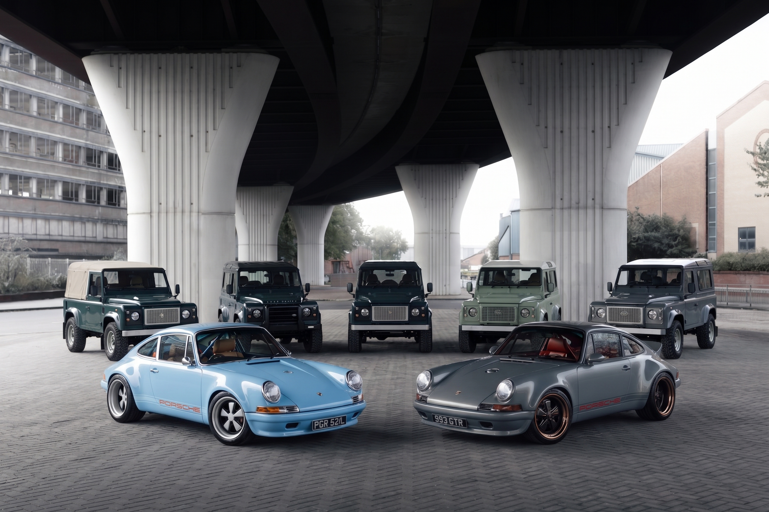Shoreline Land Rover Defenders and Porsche 911 backdates parked under a concrete overpass