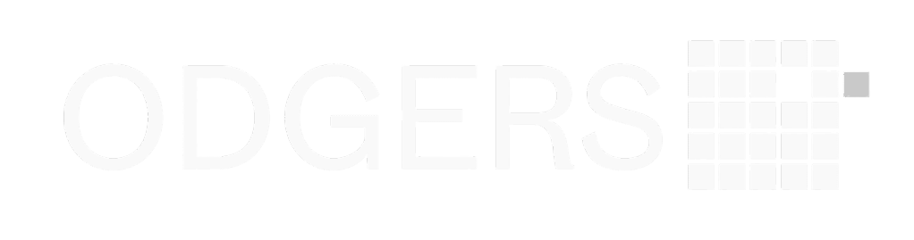 The word 'ODGERS' appears in white text next to a pixelated graphic of a grid or block pattern on a black background.