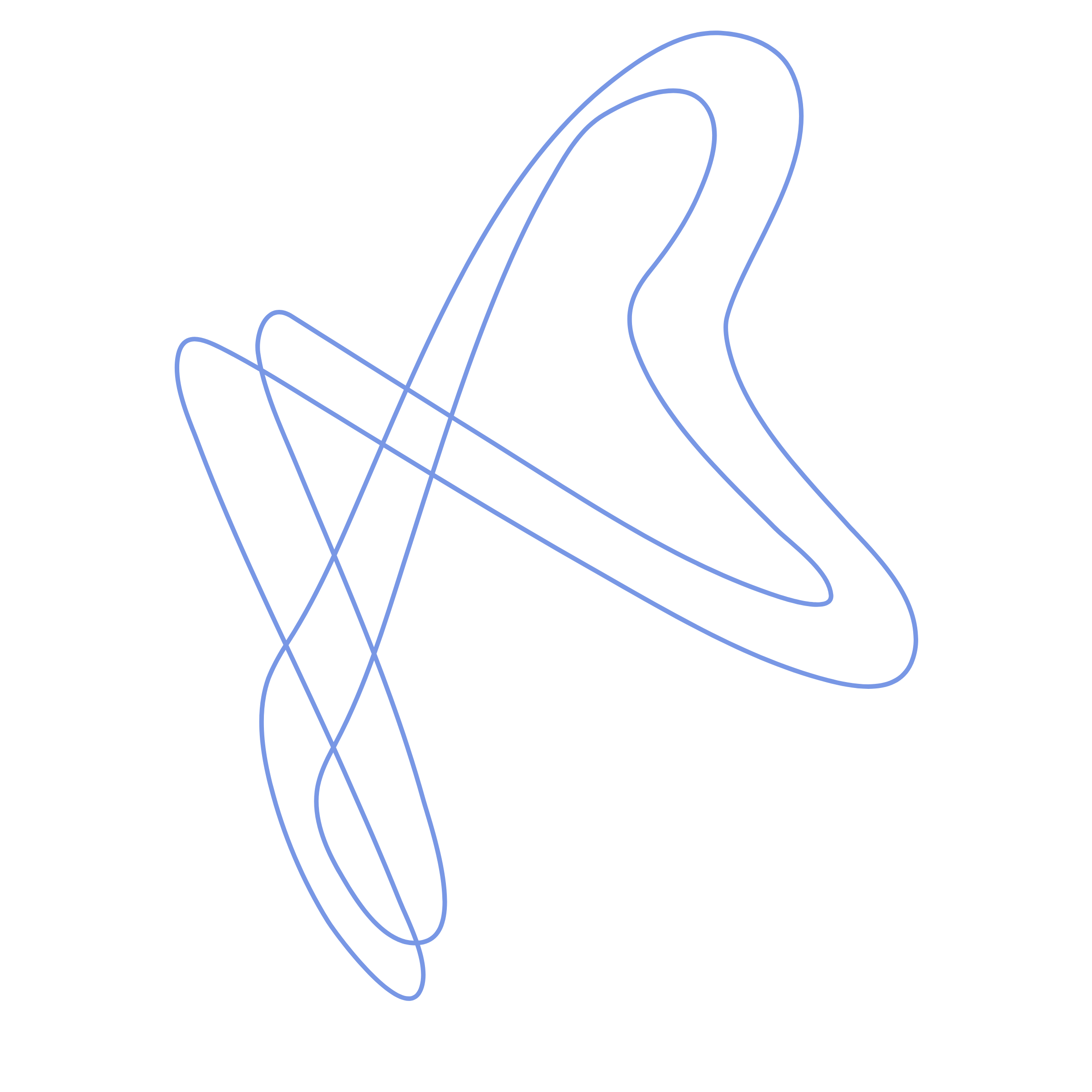 Abstract blue line art drawing on black background, flowing curved lines intersecting and looping.