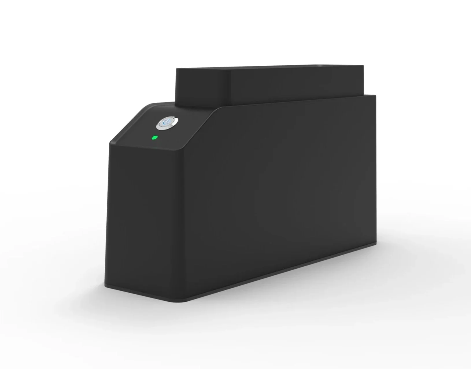 Black electronic device with a power button and indicator light on top