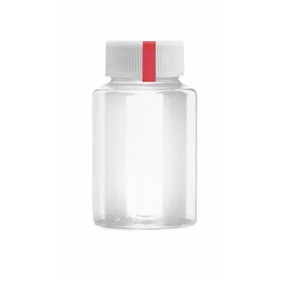 Empty clear plastic pill bottle with white cap and red line