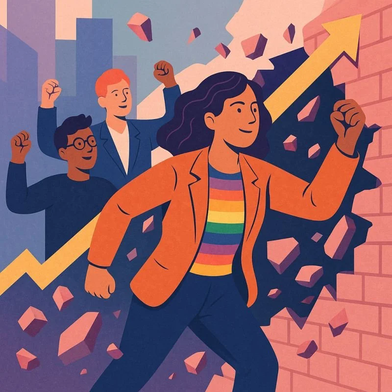Illustration of a diverse group of three people, with a woman breaking through a brick wall, symbolizing empowerment and progress, as a yellow arrow points upward behind them.