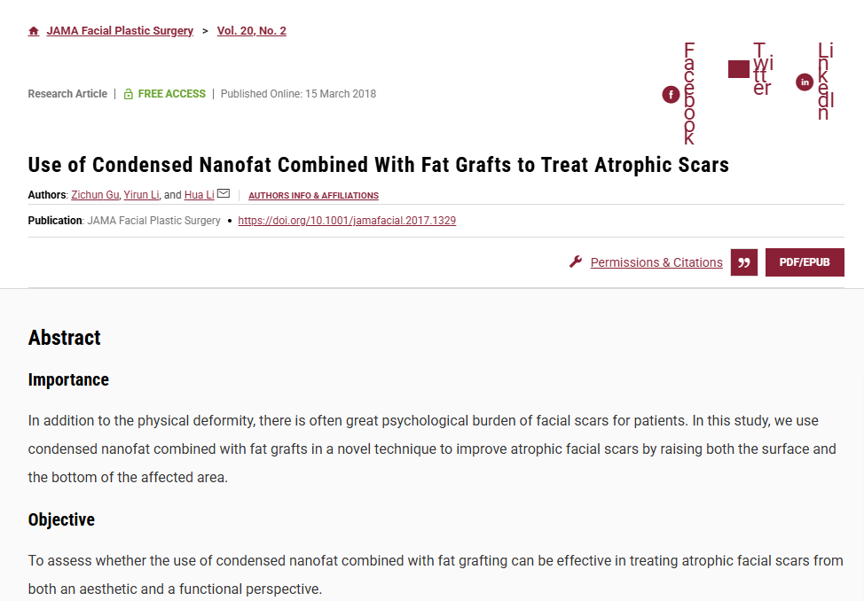 Use of condensed nanofat combined with fat grafts to treat atrophic scars.