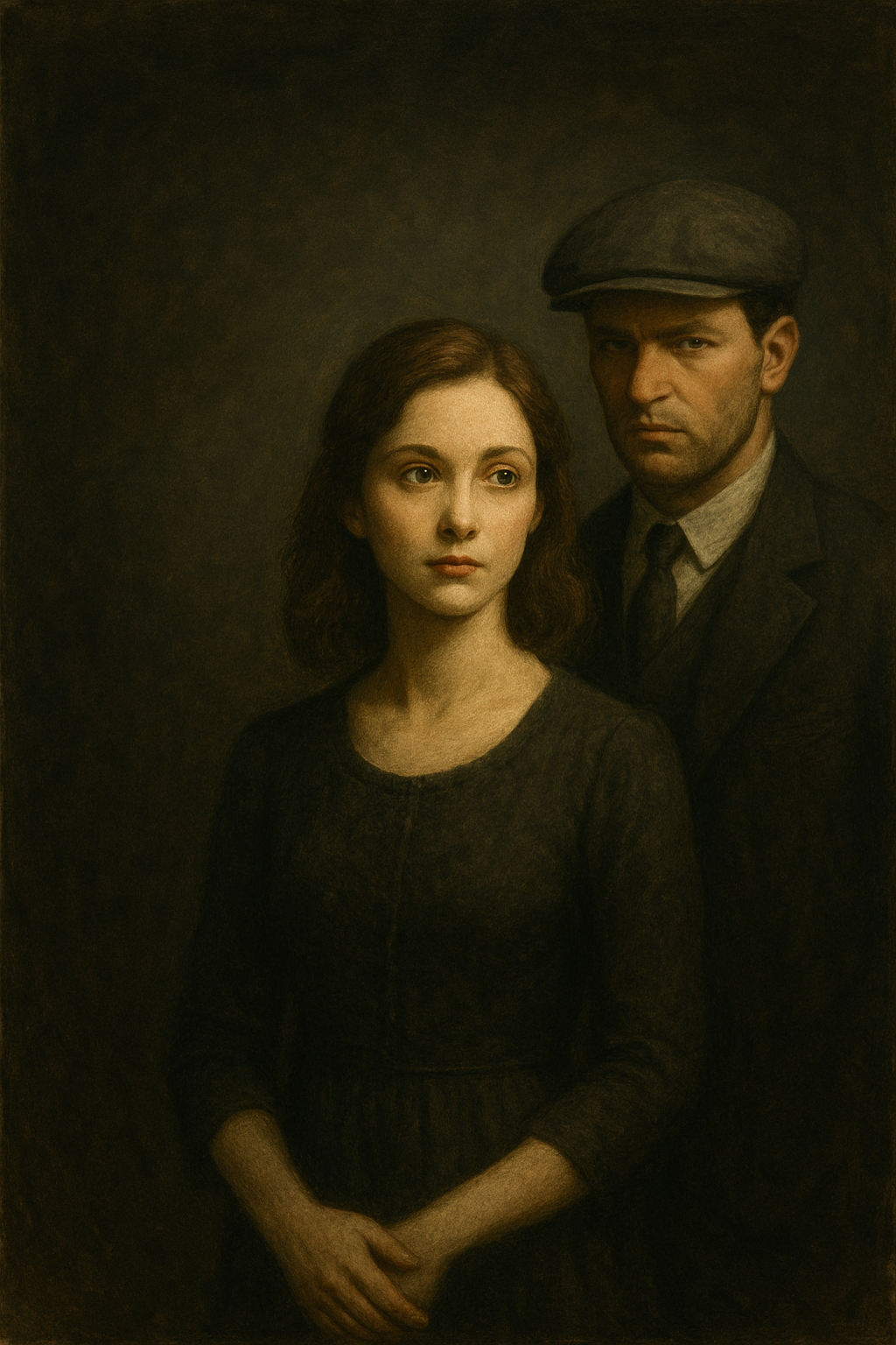 A painting of a young woman with auburn hair and a young man with a cap, both dressed in early 20th century clothing, standing closely together against a dark background.