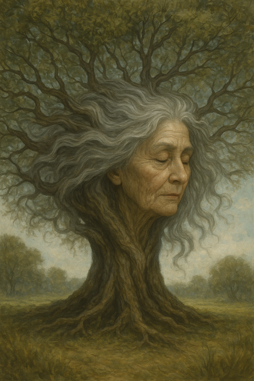 A surreal painting of an elderly woman's face with gray hair blending into the branches of a large tree, forming a crown of spreading branches, set in a natural landscape.
