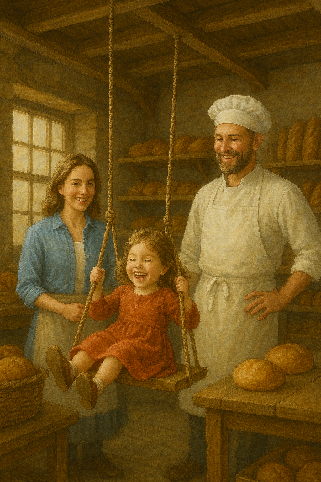 A woman, a young girl on a swing, and a baker in a bakery with shelves of bread.