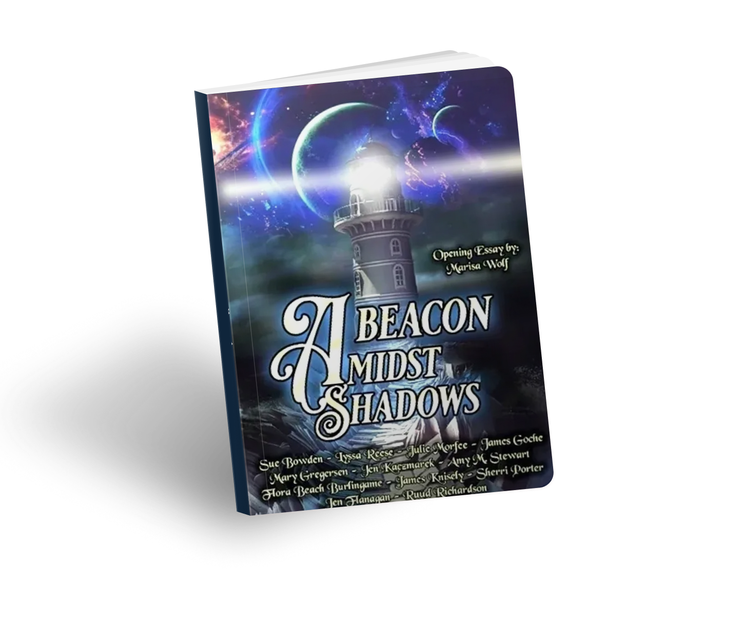 Book titled 'A Beacon Amidst Shadows' with a lighthouse and cosmic background on the cover.