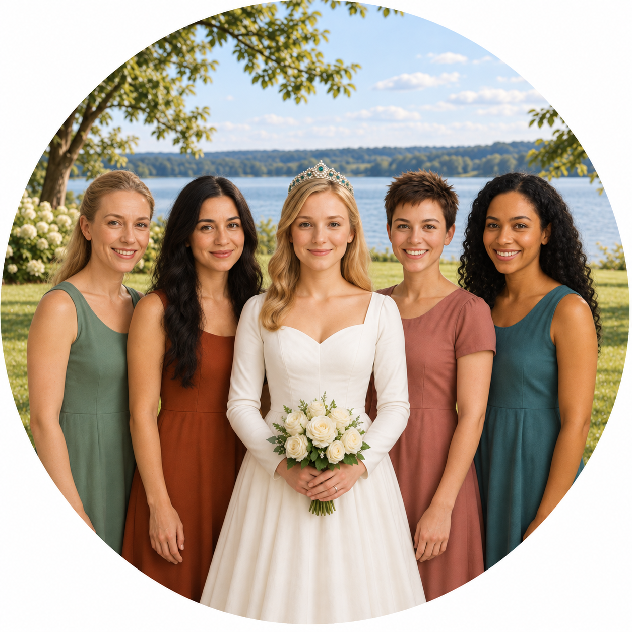 A bride in a white dress with a tiara holding a bouquet of white roses, standing with four women in colored dresses on a plain beige background.