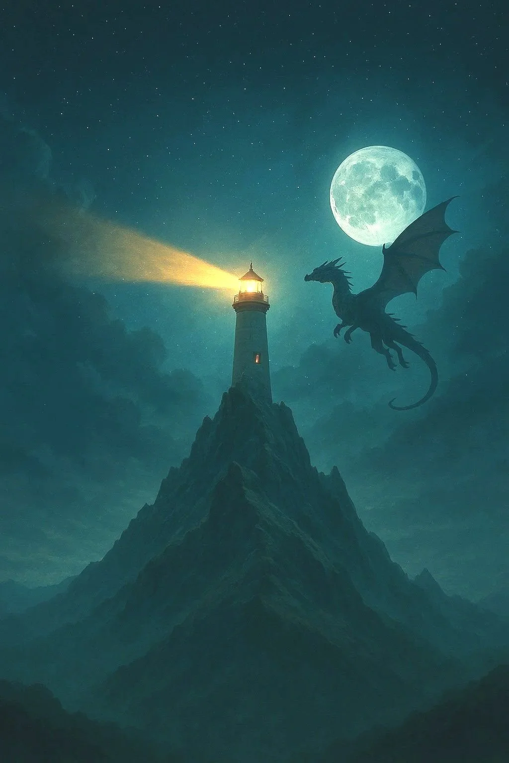 A fantasy scene featuring a lighthouse on a mountain peak, shining its light towards a full moon, with a dragon flying in the sky.