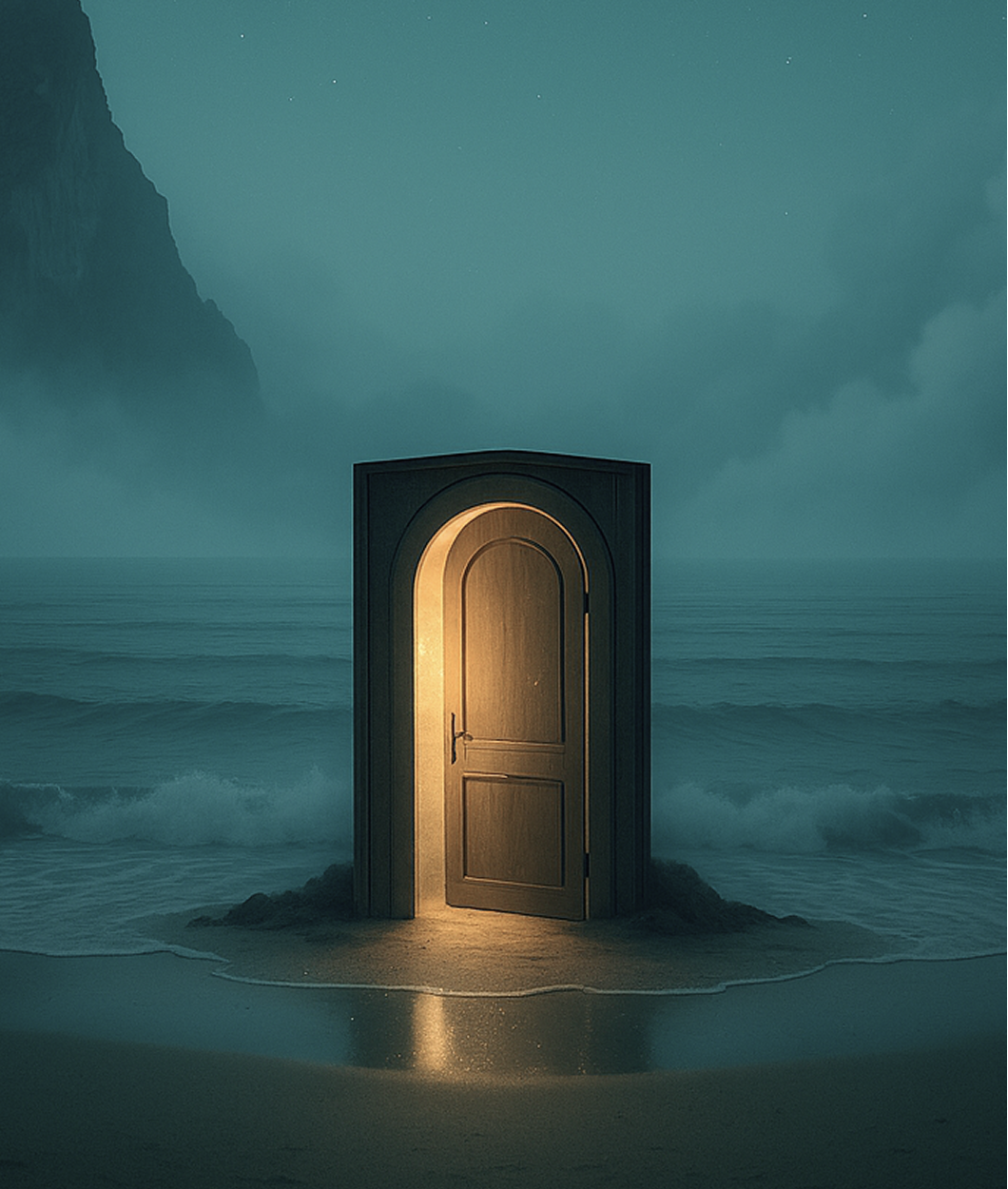 A mysterious wooden door standing on a small patch of sand in the ocean, with its light illuminating the area around it. Misty mountains and a cloudy sky are in the background.