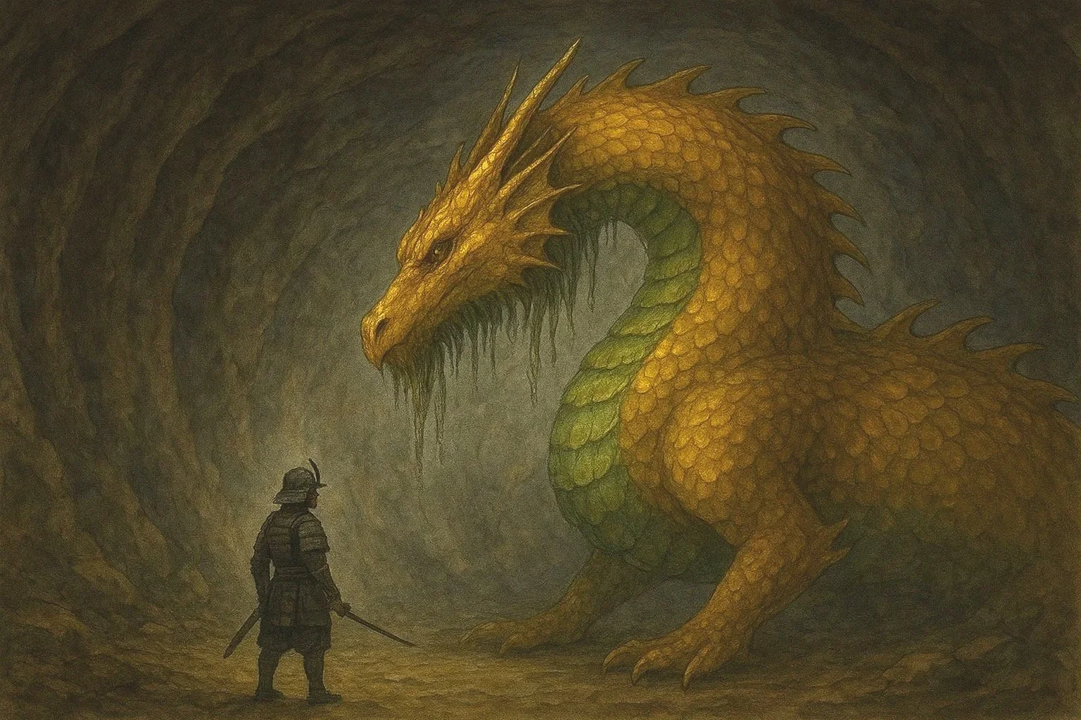 A large golden dragon with scales and horns facing a person in armor with a sword inside a dark cave.
