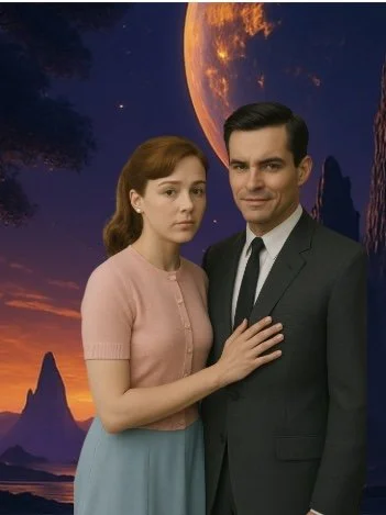 A man in a suit and a woman in a pink top and blue skirt standing close together outdoors during sunset, with a large moon and rocky landscape in the background.