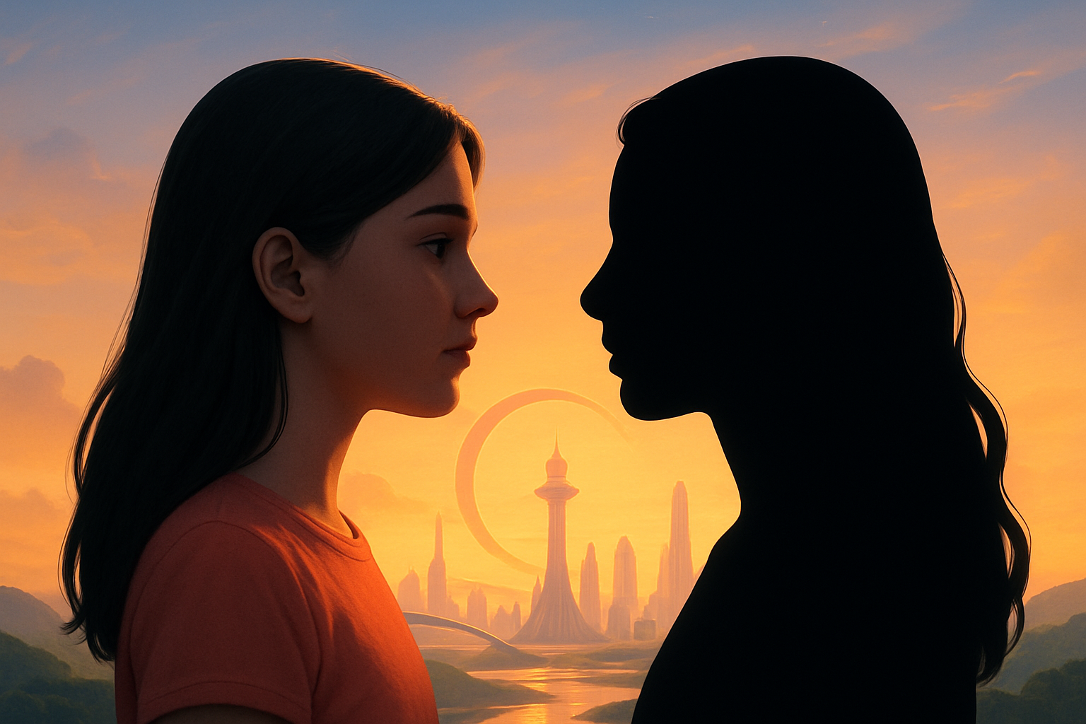 A young woman and a silhouette of a woman facing each other during sunset with a futuristic city skyline and tower in the background.