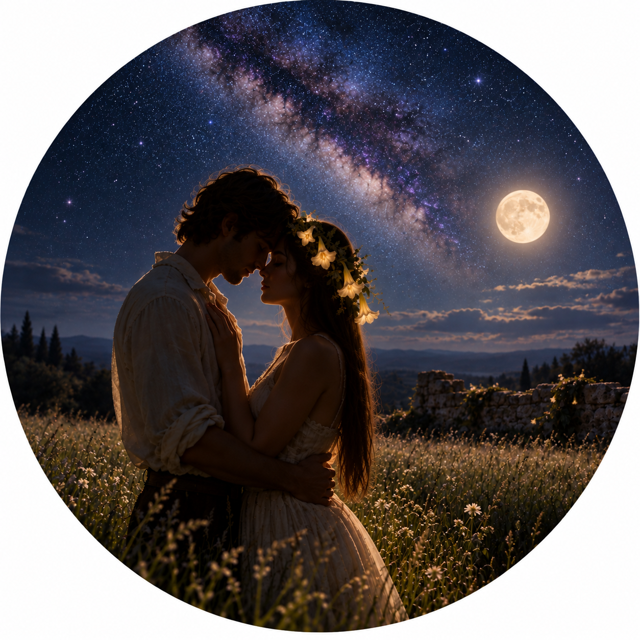 Silhouettes of a couple facing each other at night under a starry sky with the Milky Way galaxy visible in the background.
