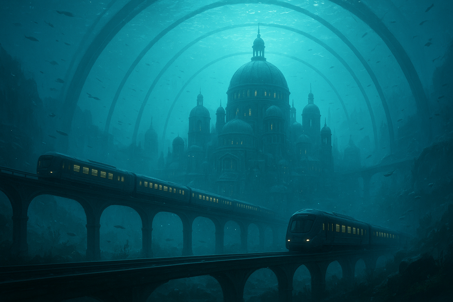Underwater scene with a large domed building in the background, a train on an arched bridge, and fish swimming in the water.