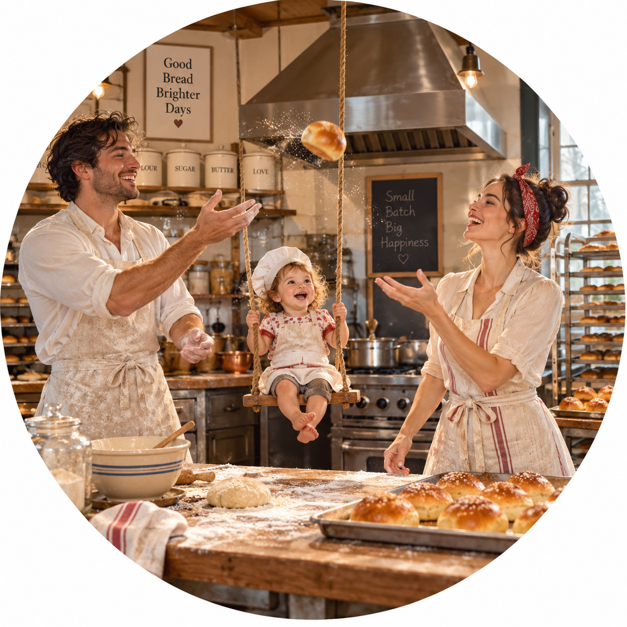 A woman, a young girl on a swing, and a baker in a bakery with shelves of bread.