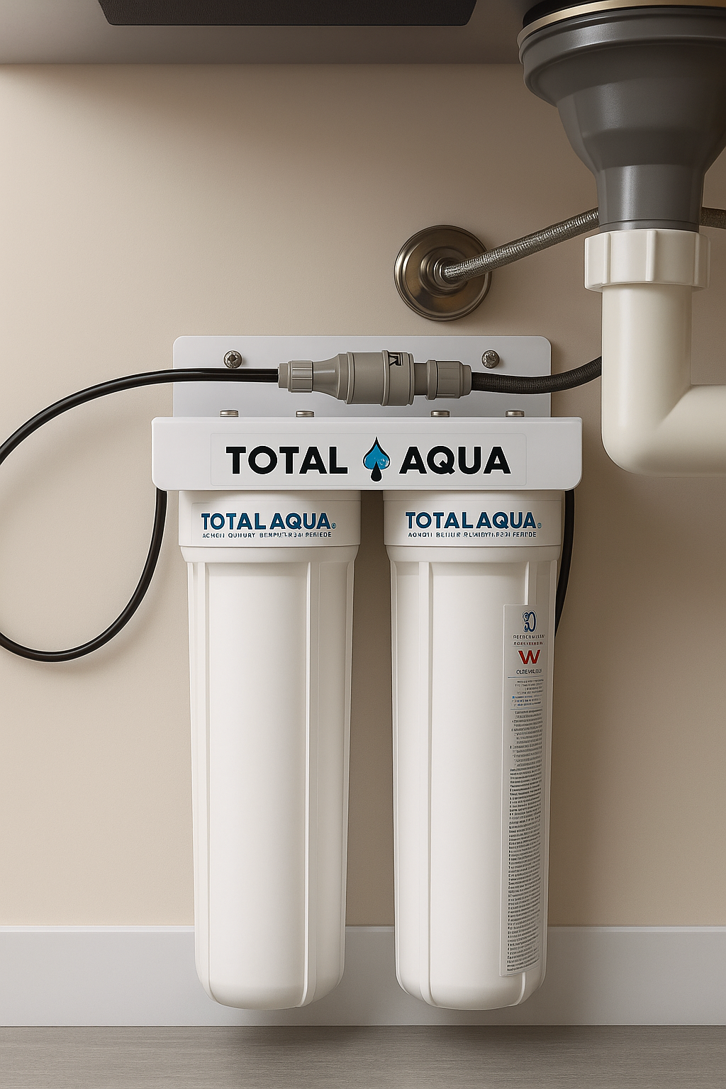 TA245 twin undersink water filtration system installed under a Perth kitchen sink, with dedicated filtered water tap