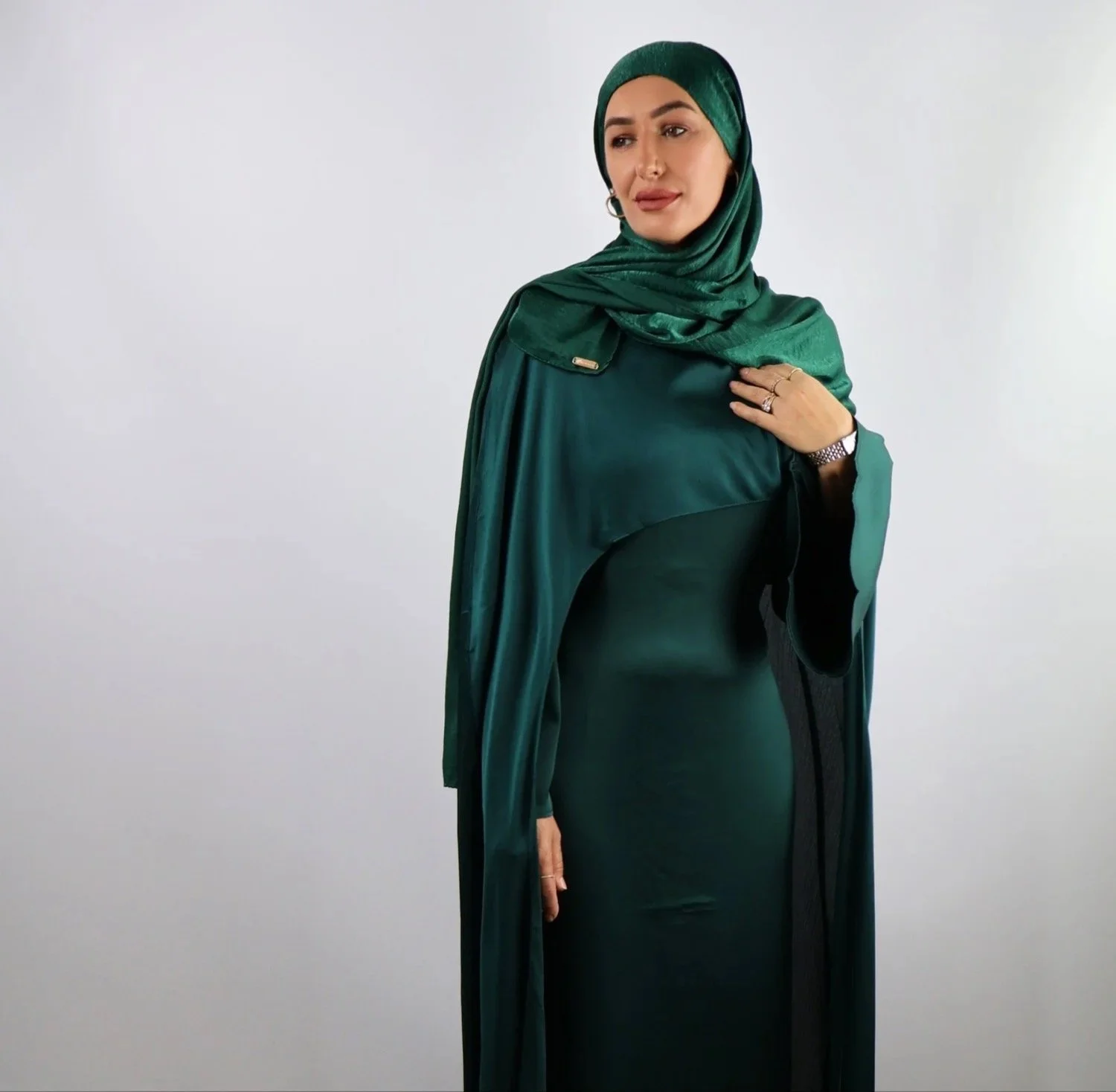 Two Piece Satin Cape Abaya Emerald Green