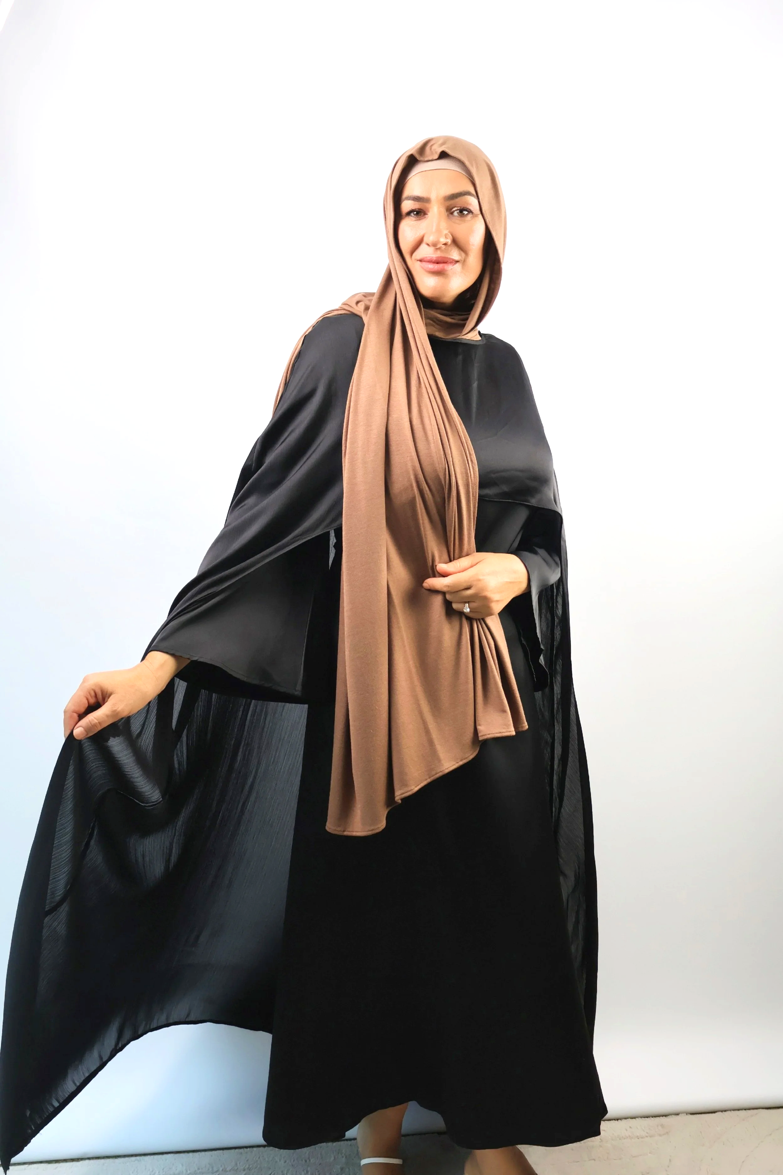 Two Piece Satin Cape Abaya Black