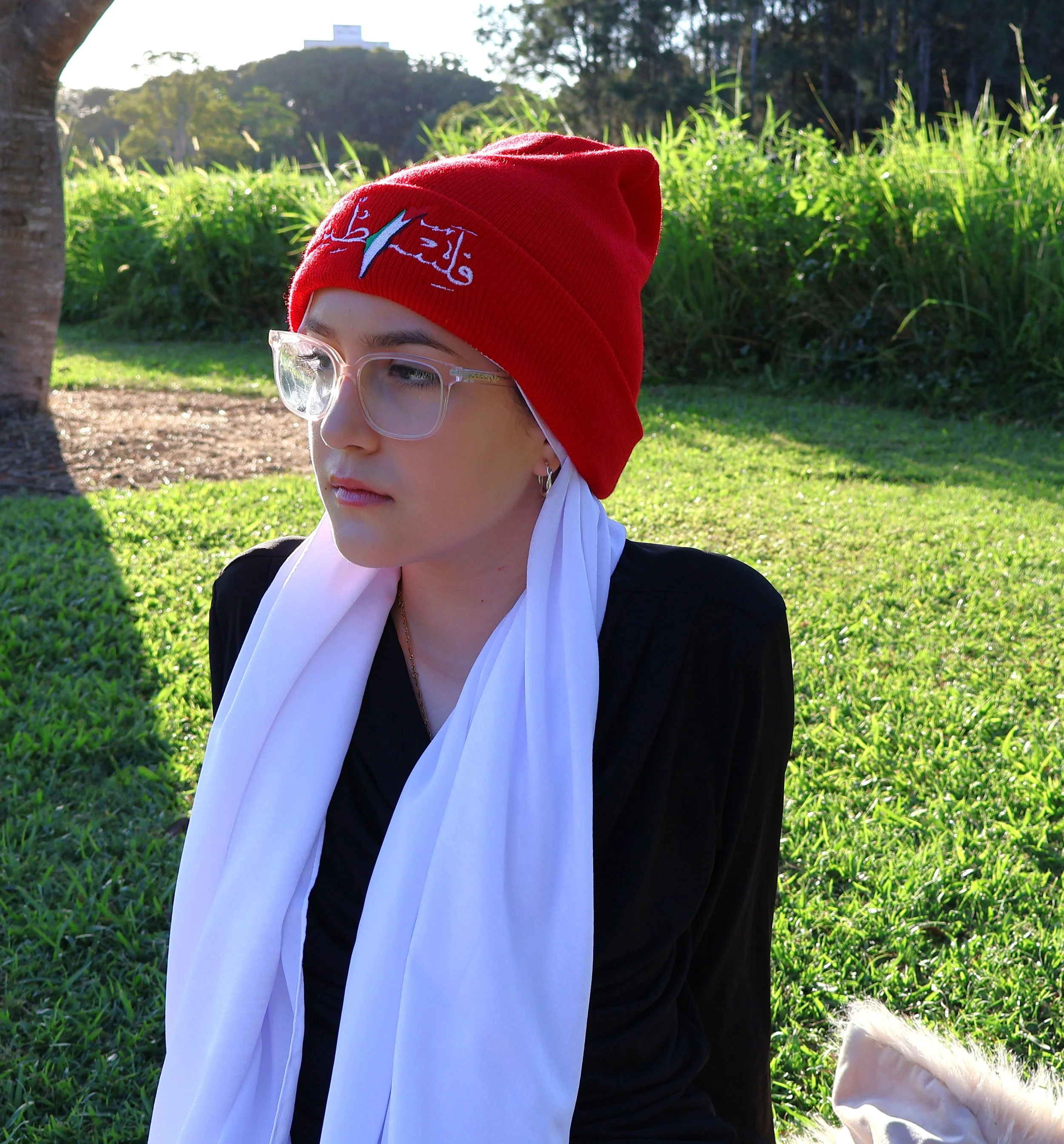 Red Beanie with Palestine Embroidery