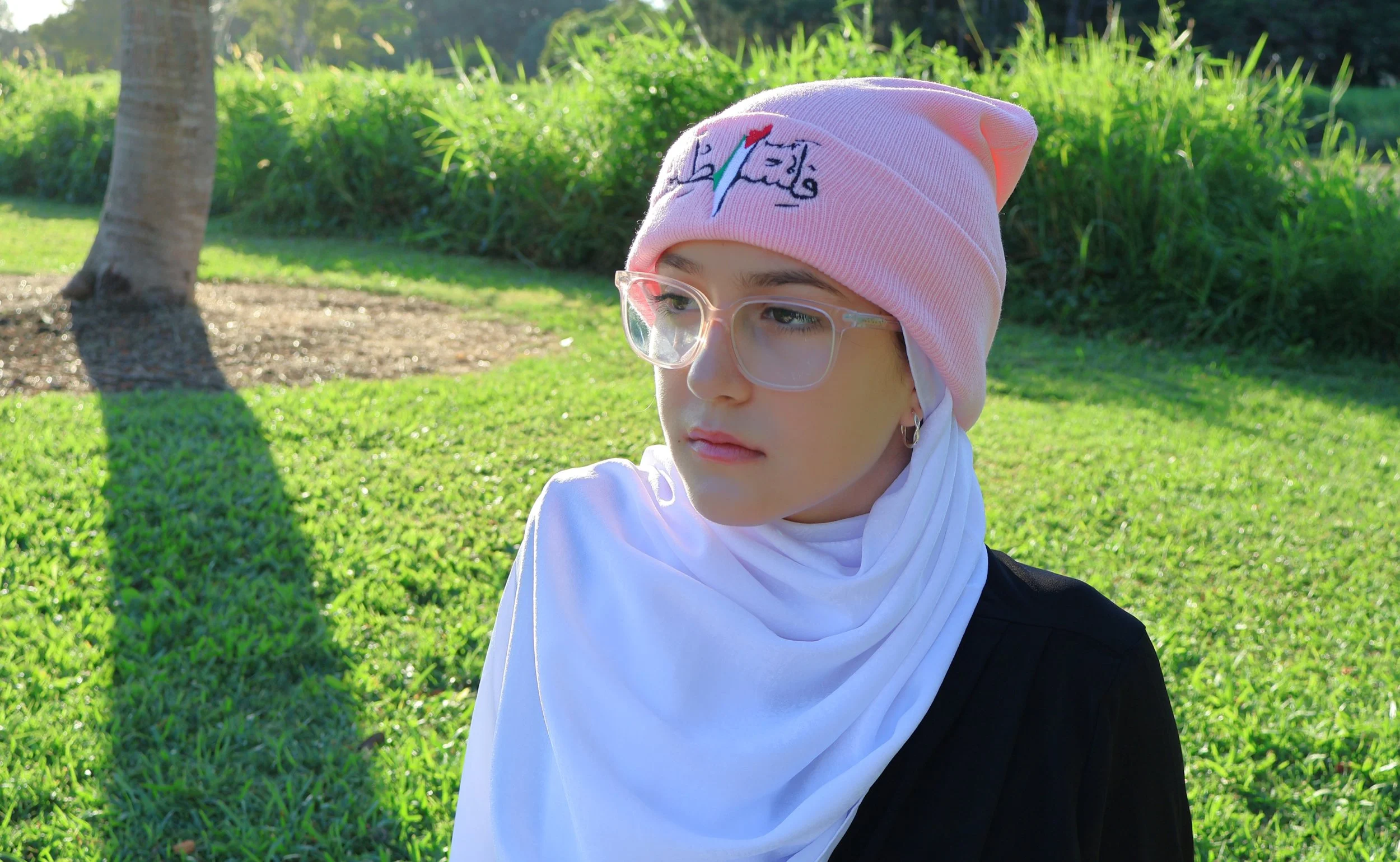 Pink Beanie with Palestine Embroidery